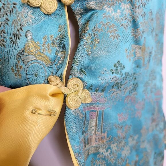 VINTAGE 70s Asian frog closure blue split sleeve traditional brocade top M - Picture 6 of 11
